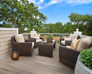 Furniture on a deck in backyard