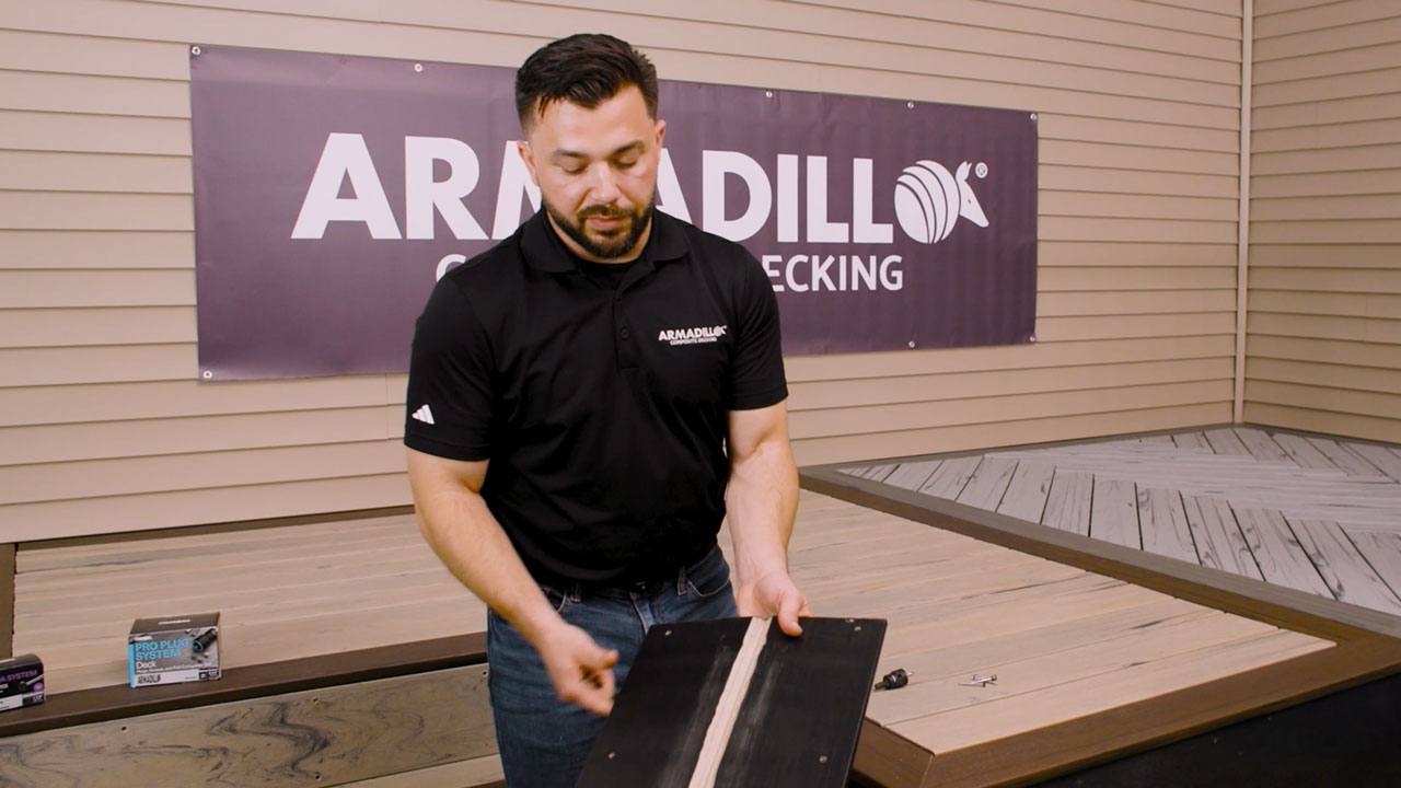 Close-up of composite deck fascia mitered corner technique for smooth finish